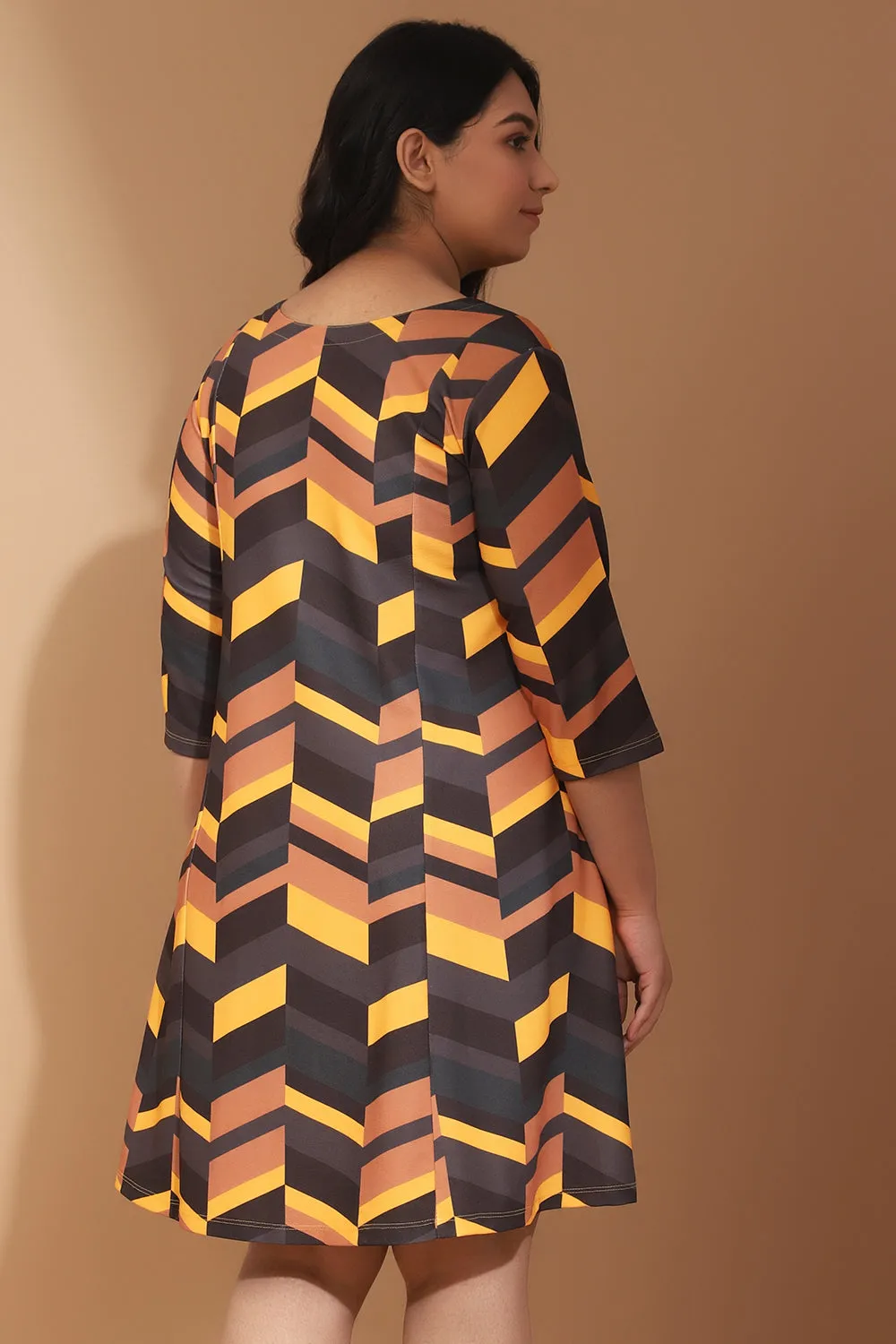Plus Size Yellow Midi Dress in Chevron Play Print
