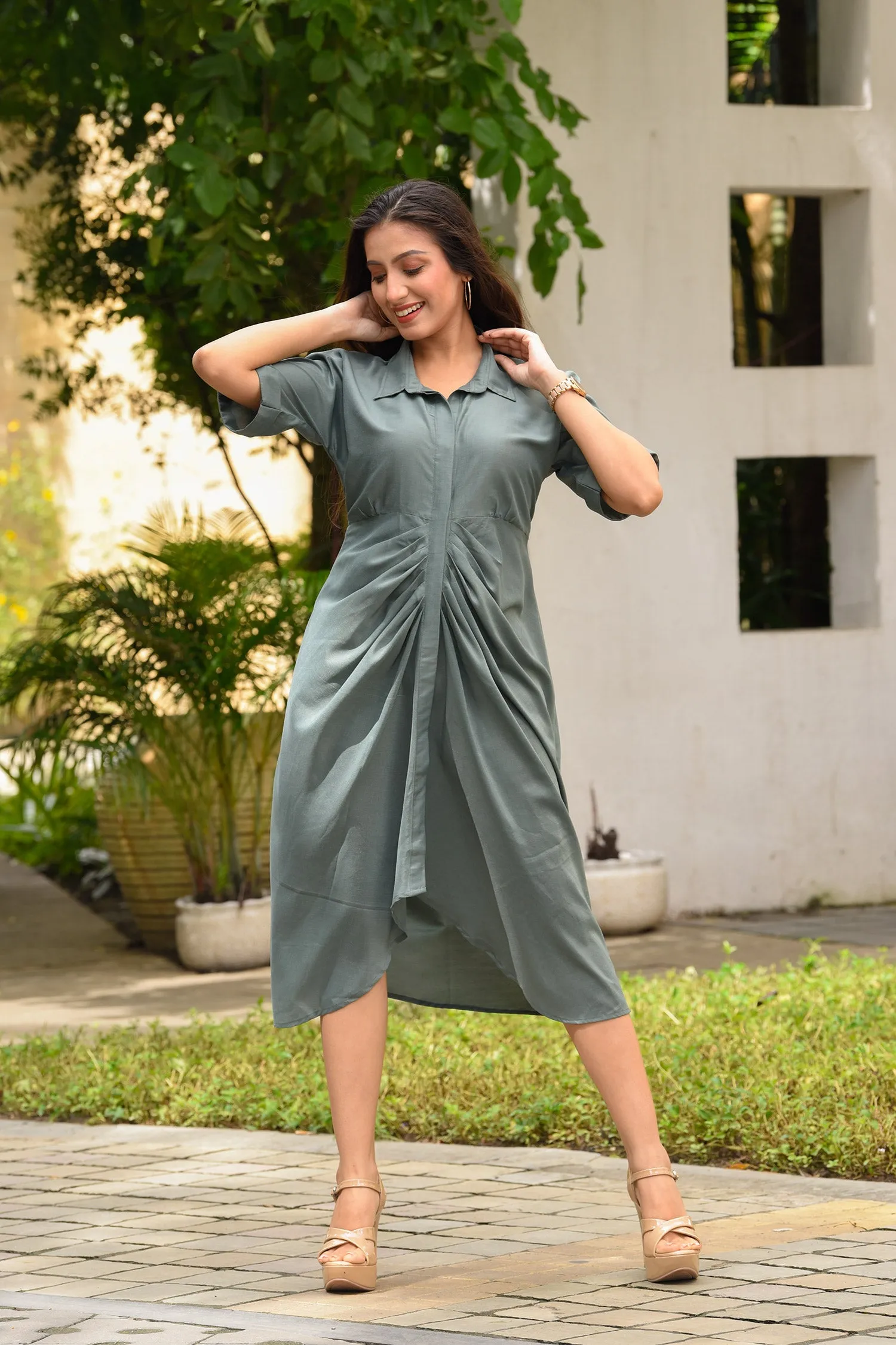Sage Front Pleated Dress