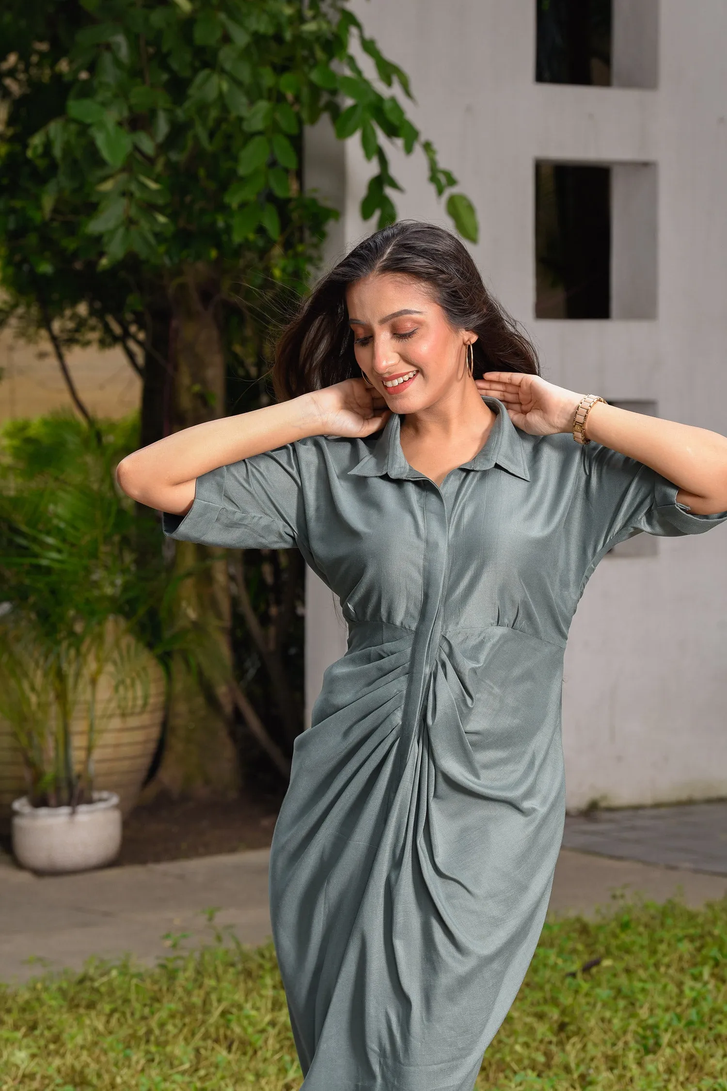 Sage Front Pleated Dress