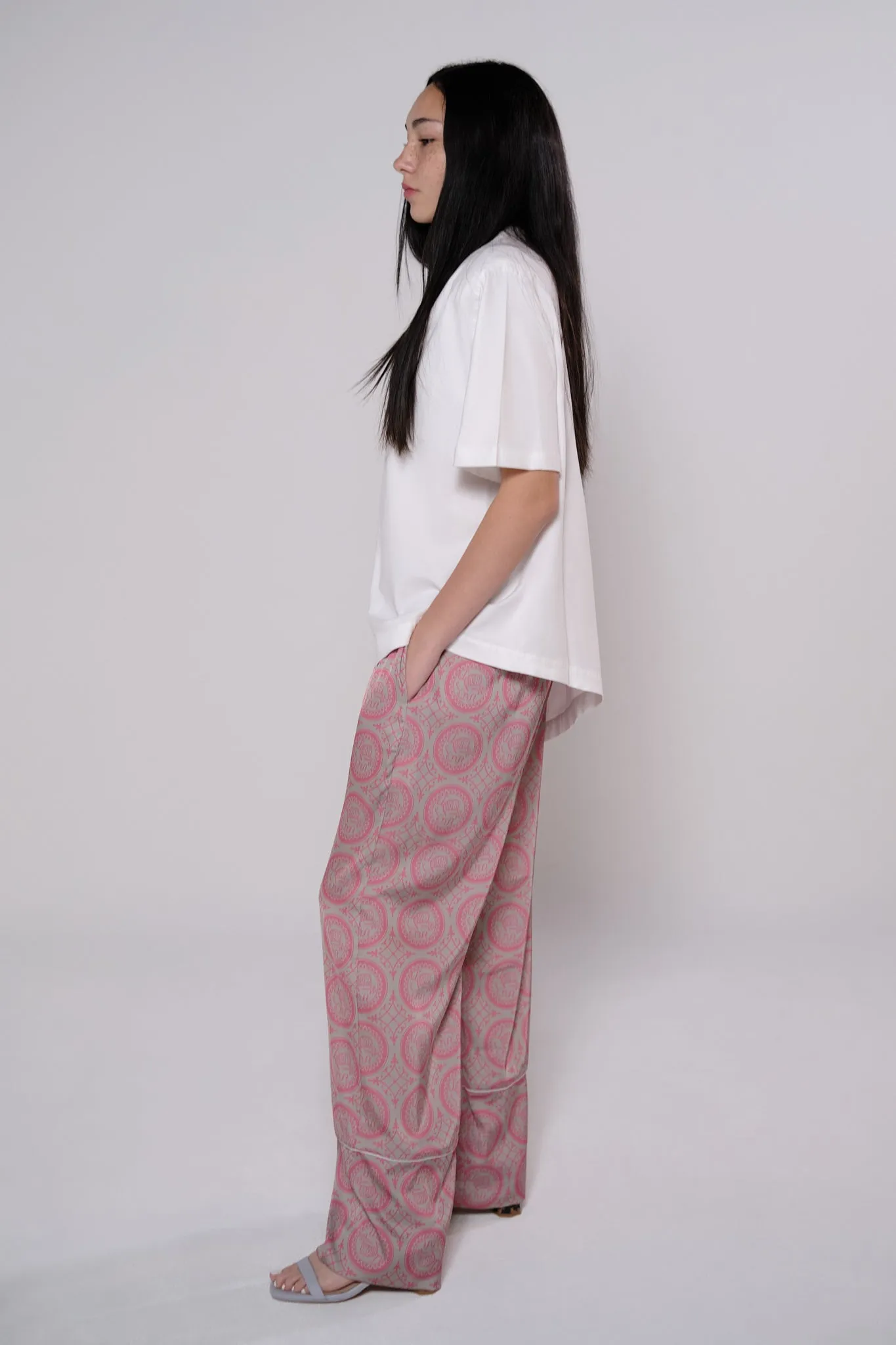 Satin wide leg pants in pink heritage print
