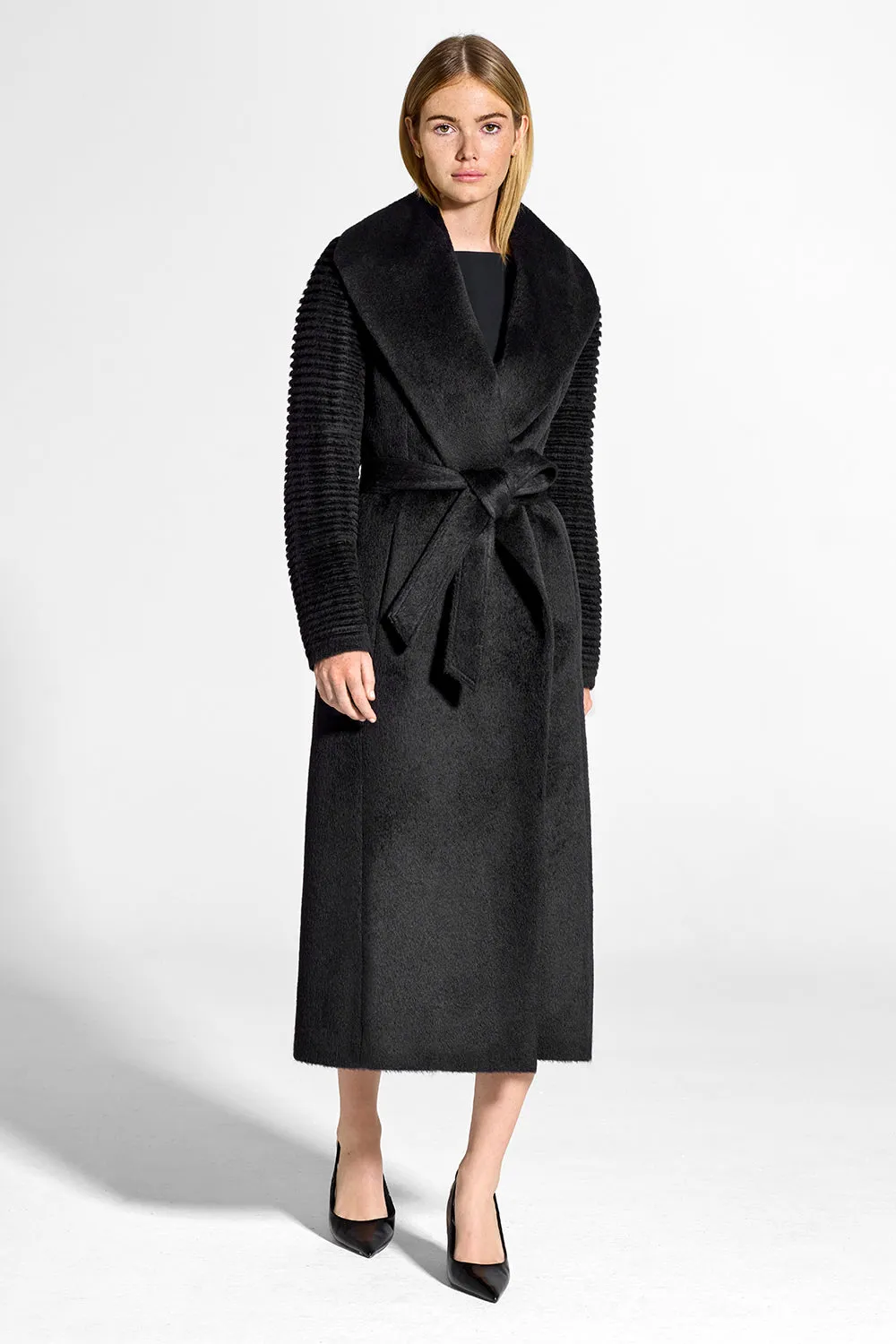 Suri Alpaca Long Shawl Collar Wrap Coat with Ribbed Sleeves