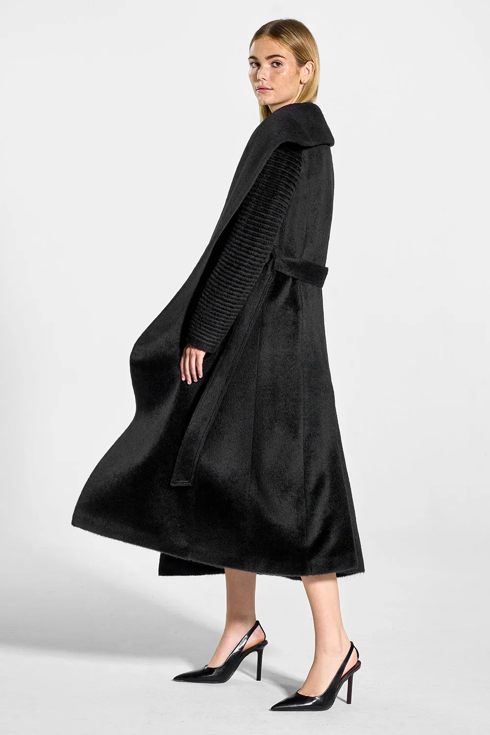 Suri Alpaca Long Shawl Collar Wrap Coat with Ribbed Sleeves