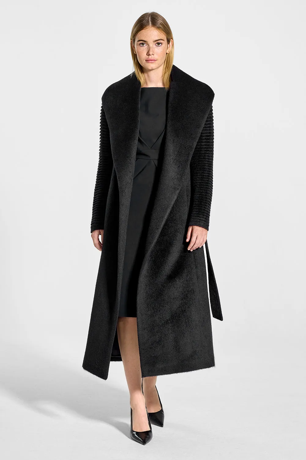 Suri Alpaca Long Shawl Collar Wrap Coat with Ribbed Sleeves