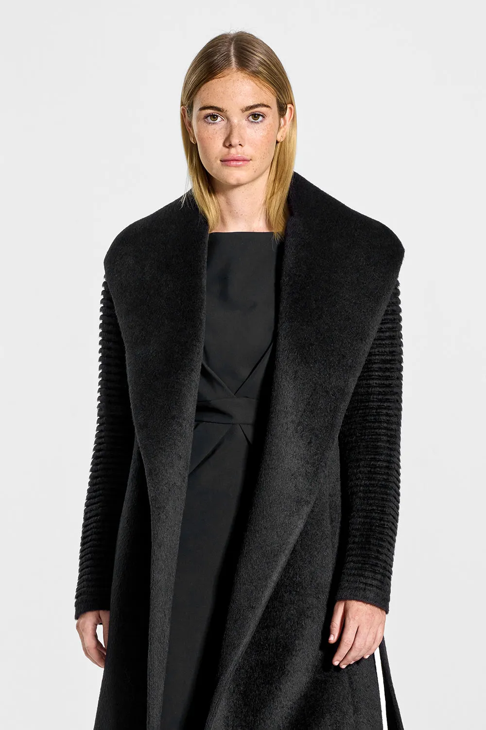 Suri Alpaca Long Shawl Collar Wrap Coat with Ribbed Sleeves