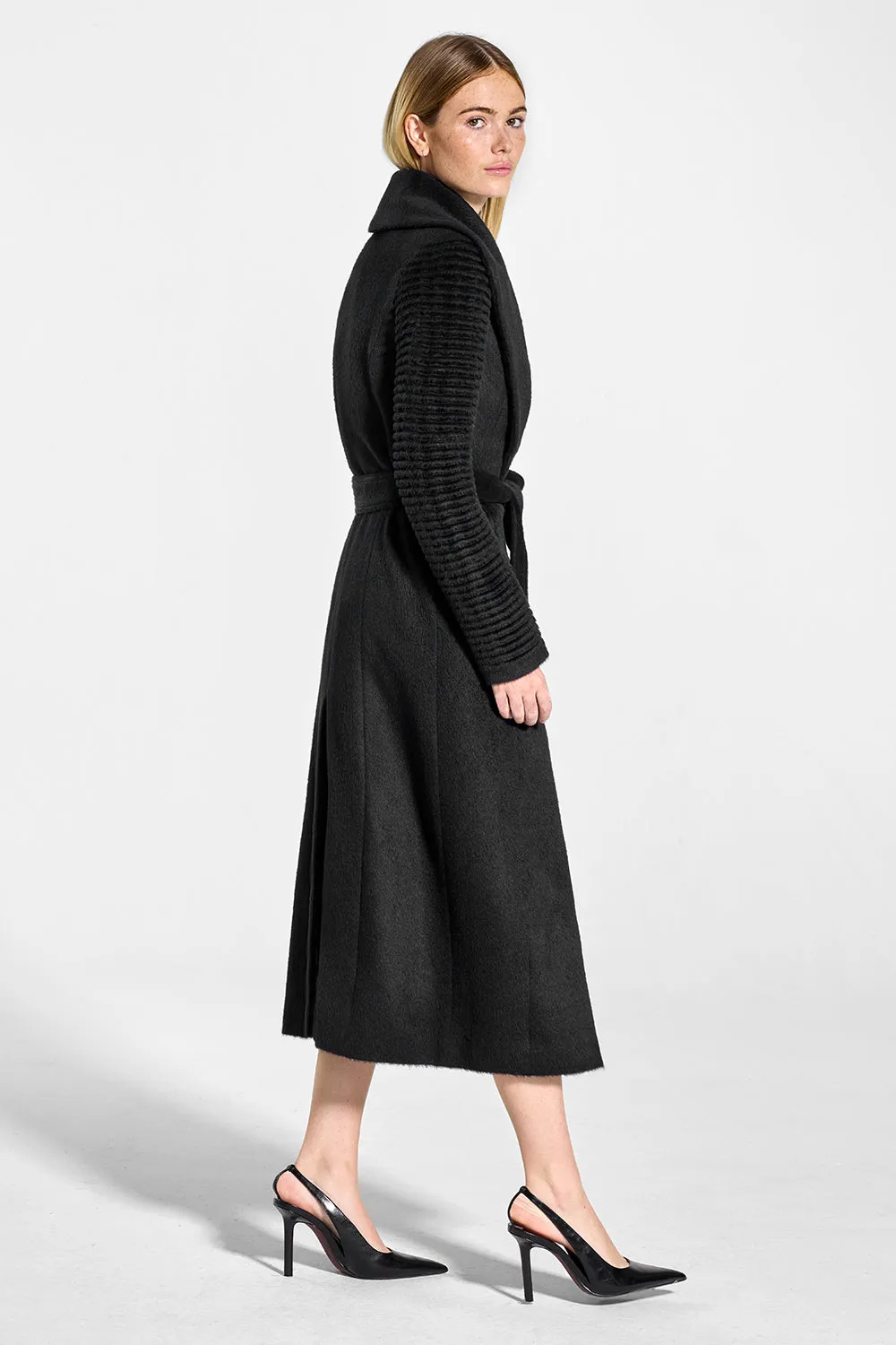 Suri Alpaca Long Shawl Collar Wrap Coat with Ribbed Sleeves