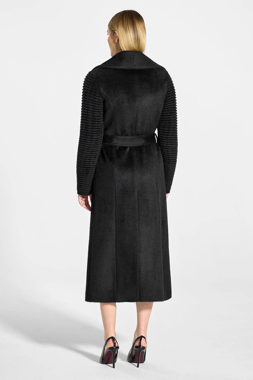 Suri Alpaca Long Shawl Collar Wrap Coat with Ribbed Sleeves