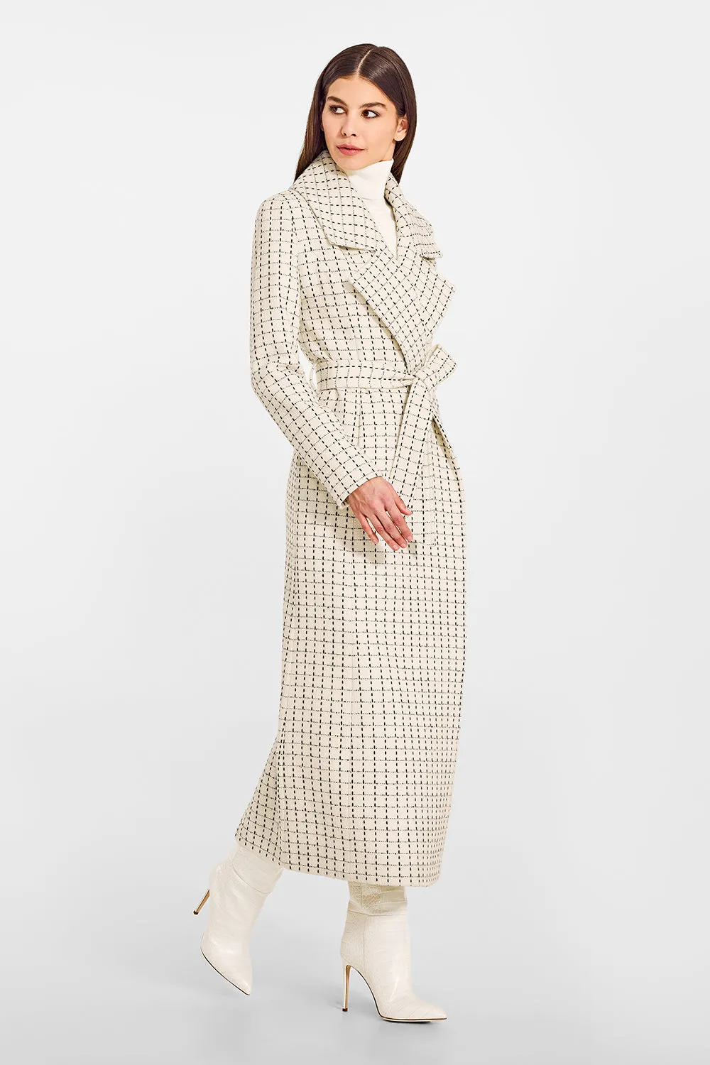 Tweed Baby Alpaca Maxi Notched Collar Wrap Coat