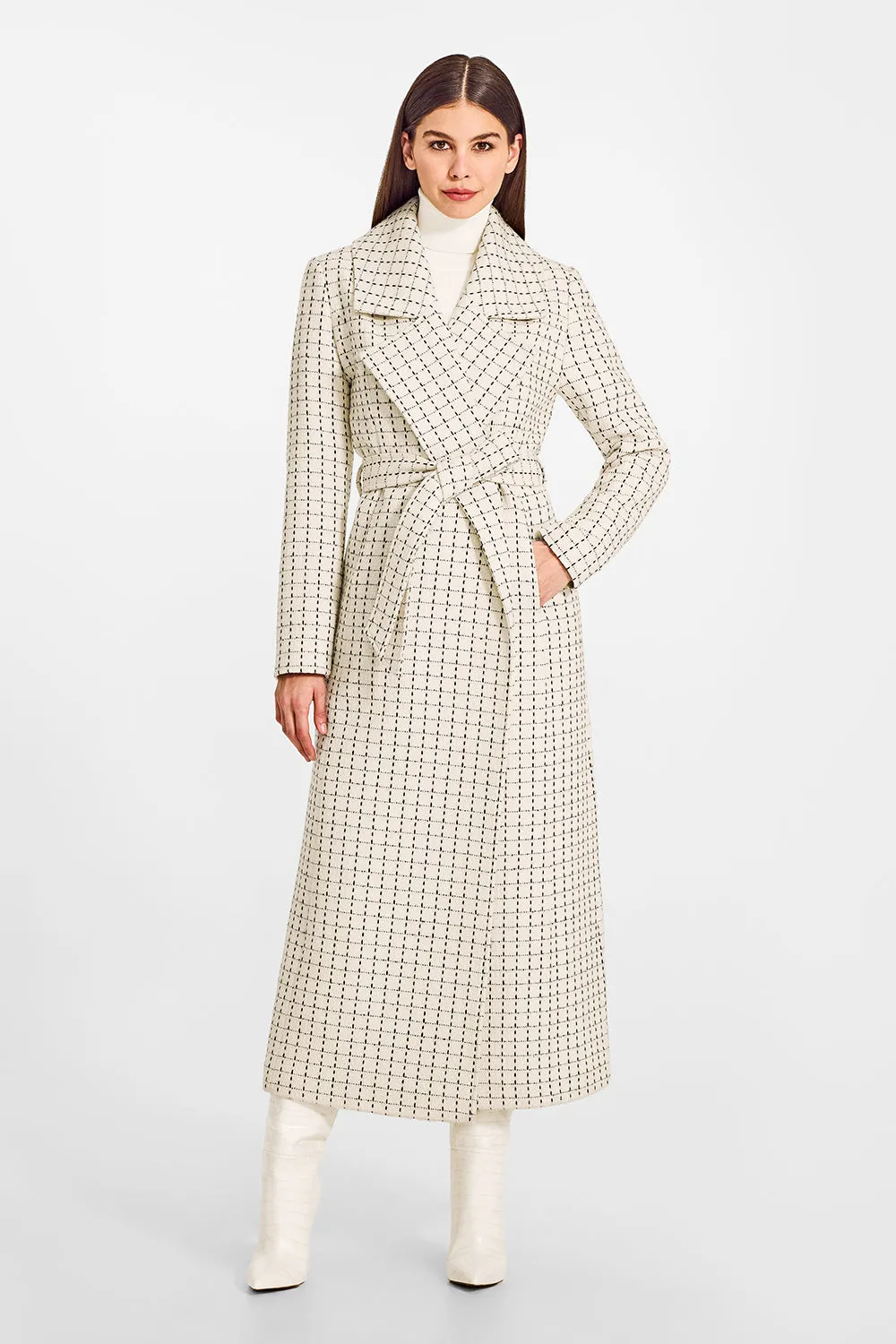 Tweed Baby Alpaca Maxi Notched Collar Wrap Coat
