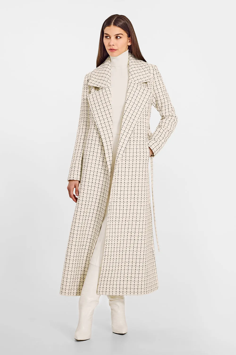 Tweed Baby Alpaca Maxi Notched Collar Wrap Coat