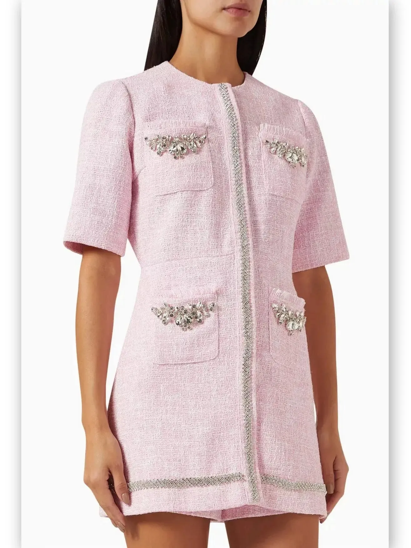 Women’s Crystal-Embellished Pink Tweed Playsuit